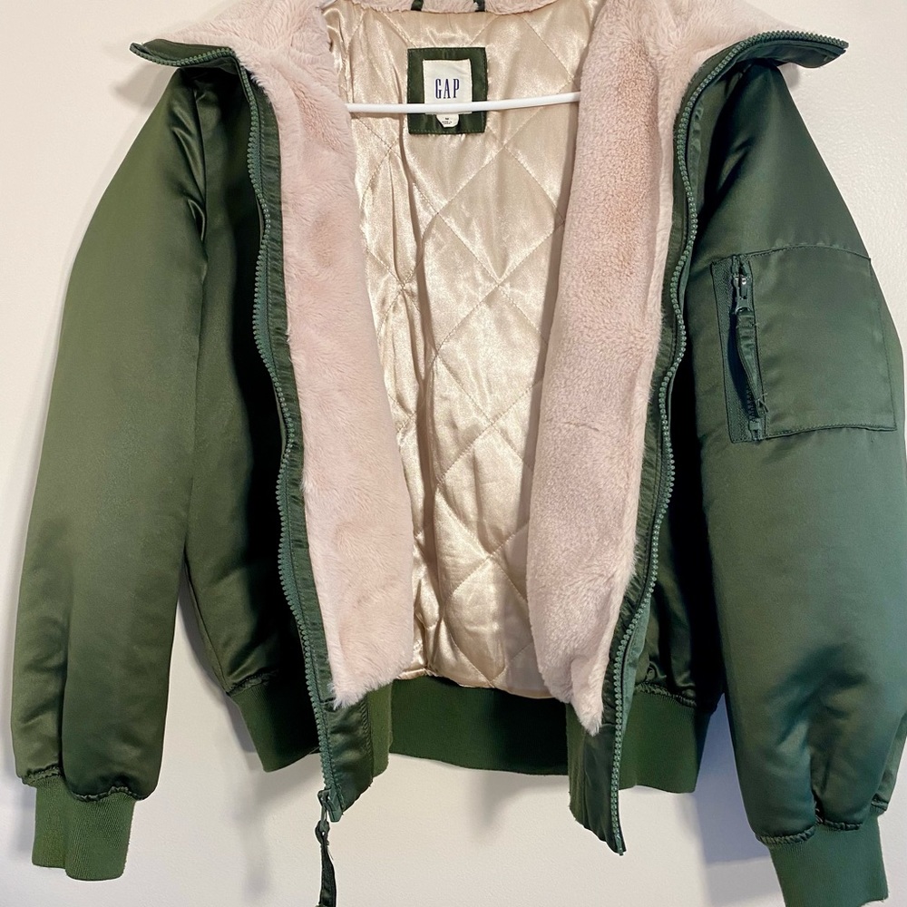 Gap Green Pink Faux Fur Liner Bomber Jacket